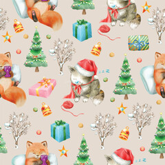 cute christmas scene with winter town and characters watercolor seamless pattern