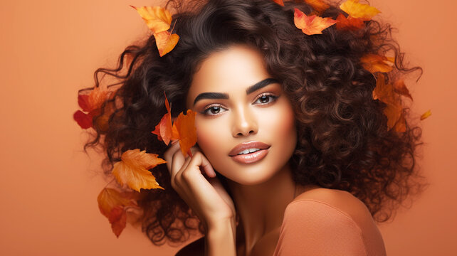 Beautiful young hispanic woman with autumn leaves