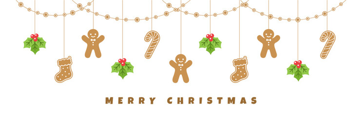 Merry Christmas Border Banner, Hanging Gingerbread Cookies and Mistletoe Garland. Winter Holiday Season Header Decoration. Biscuits in Festive Shapes Template. Vector illustration.
