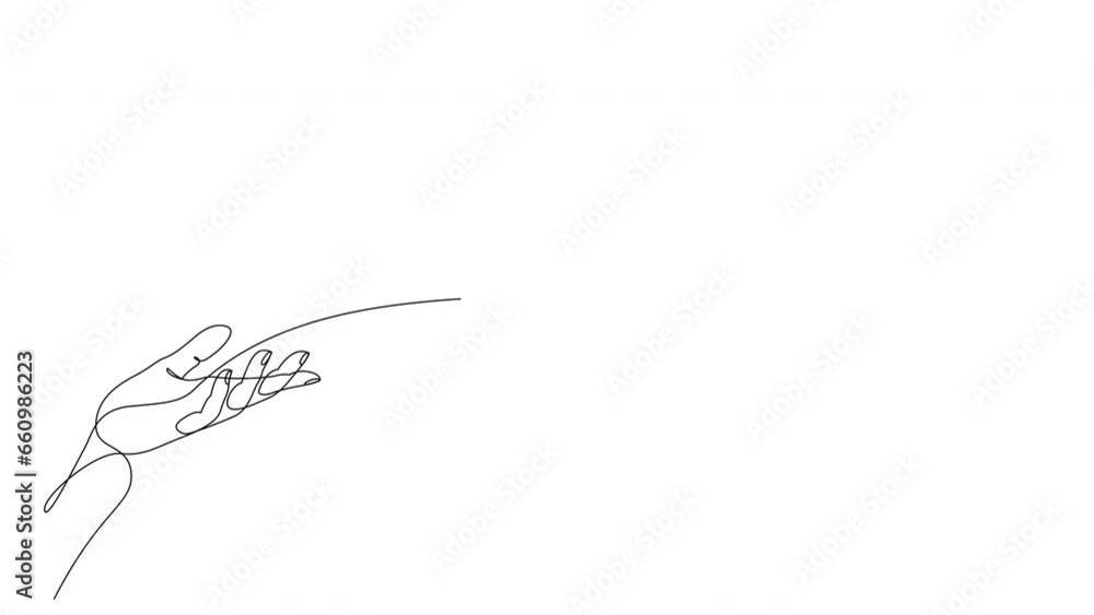 Poster self drawing animation of releasing a butterfly from hand to flight drawn by continuous one line. bu