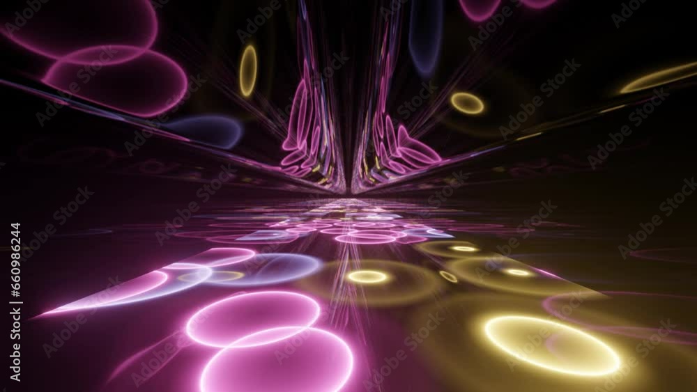Poster neon glowing dynamic circles on a plane in a dark space. simple animated background. modern multicol