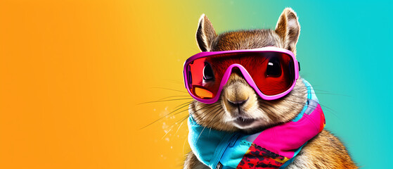 Cute funny squirrel smiling in winter holiday skiing. Wide banner with copy space side. generative ai