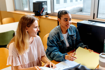Multiracial group of two young female students working together on a university project. education,...