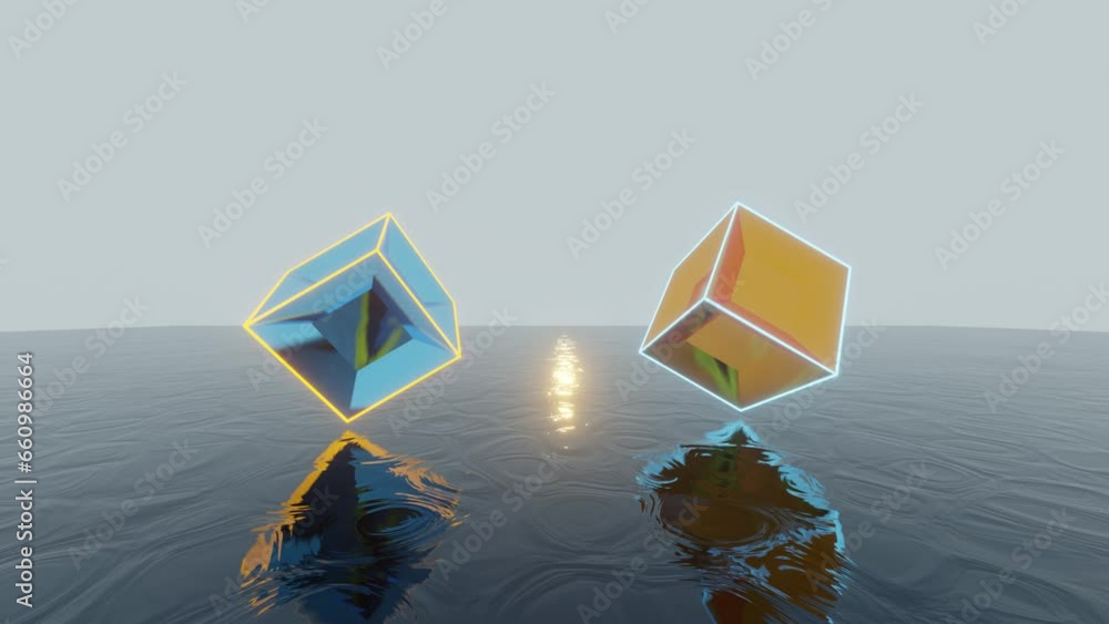 Aufkleber mirror cubes with neon glowing edges floating on a dark water surface. abstract 3d animation with si