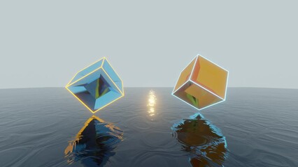 Mirror cubes with neon glowing edges floating on a dark water surface. Abstract 3d animation with simple geometric shape