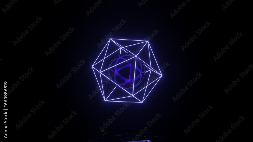 Poster neon glowing cage with mirror sphere inside rotates in a dark space with reflections on the floor. r