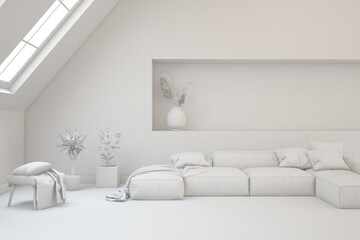 Grey living room concept with sofa. 3D illustration