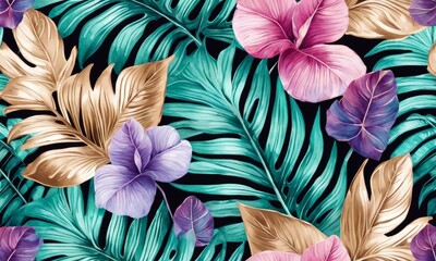Shiny tropical leaves pastel colored in turquoise, mint, purple, pink rose, gold, blue. Watercolor 3d illustration, luxury wallpaper, premium high quality seamless mural, pattern. Generative AI