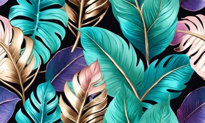 Shiny tropical leaves pastel colored in turquoise, mint, purple, pink rose, gold, blue. Watercolor 3d illustration, luxury wallpaper, premium high quality seamless mural, pattern. Generative AI