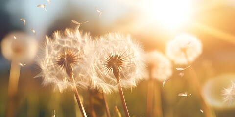 Dandelion in a field. summer background with bokeh effects. vintage filter. small depth of field, Dandelions in a field with the sun shining on them, GENERATIVE AI

