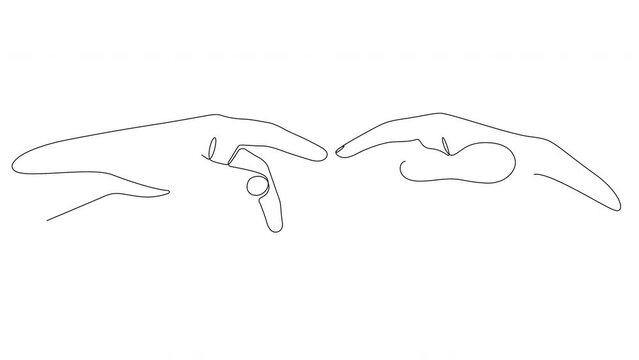 Self drawing animation of two hands touch drawn by continuous line. Male and female hands touching line drawing. Outline minimalist concept of love.