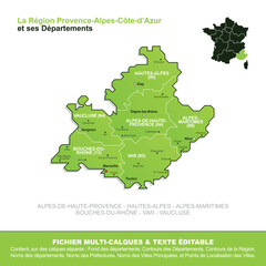 Carte de la région Provence-Alpes-Côte-d'Azur, ses départements et ses villes - obrazy, fototapety, plakaty