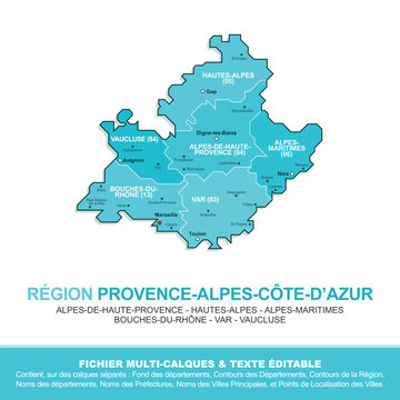 Carte de la région Provence-Alpes-Côte-d'Azur, ses départements et ses villes