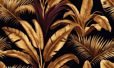 Tropical exotic seamless pattern with golden burgundy banana leaves, palm on night dark background. Premium hand-drawn textured vintage 3D illustration. for luxury wallpapers, fabric, Generative AI