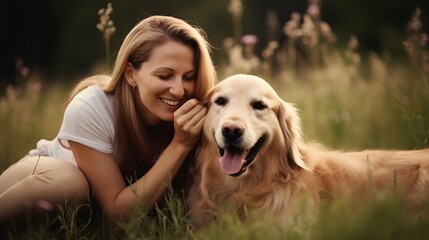 Middleaged woman enjoying beautiful day outdoors with her loyal dog pet. They share a bond of happiness, freedom, and friendship, showcasing the deep connection between humans and their pets.