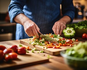 Close-up of hands chopping fresh vegetables on a wooden cutting board in a kitchen