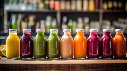 Assorted fresh juices in glass bottles displayed on a wooden counter at a juice bar