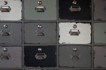 Old colorful wooden file and document cabinet with drawers.