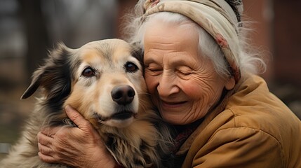Elderly woman joyful moment with her pet dog. Bond with lifelong companionship, loyalty, and genuine love. The womans happiness is evident in her warm smile, reflecting the true essence of dog love.