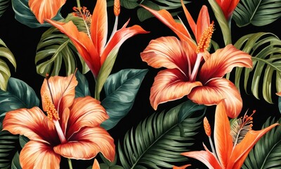 Obrazy  Tropical seamless pattern with exotic leaves, strelitzia flowers, hibiscus and plumeria. Vintage texture, floral background. Dark watercolor 3d illustration. luxury wallpapers, tapestry, Generative AI