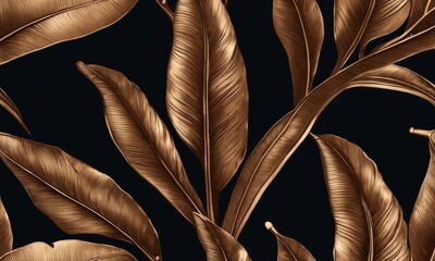 Grunge bronze banana leaves, palm. Tropical exotic seamless pattern. Hand-drawn dark vintage 3D illustration. Nature abstract background. for luxury wallpapers, cloth, fabric printing, Generative AI