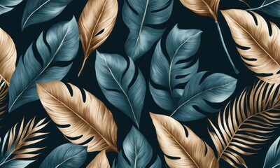 Blue vintage tropical leaves in seamless border design. Premium wallpaper, luxury silver grey background, texture, mural art. 3d dark watercolor floral illustration. Golden, beige, Generative AI - obrazy, fototapety, plakaty
