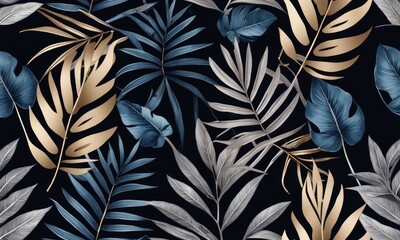 Blue vintage tropical leaves in seamless border design. Premium wallpaper, luxury silver grey background, texture, mural art. 3d dark watercolor floral illustration. Golden, beige, Generative AI - obrazy, fototapety, plakaty