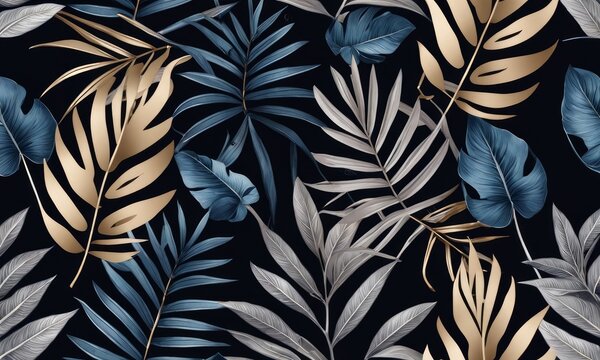 Blue vintage tropical leaves in seamless border design. Premium wallpaper, luxury silver grey background, texture, mural art. 3d dark watercolor floral illustration. Golden, beige, Generative AI