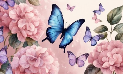 Big blue butterflies, hydrangea flowers bouquets in delicate pastel rose pink, beige, purple colors. Tropical hd wallpaper, luxury mural, premium texture. Watercolor 3d illustration. Generative AI