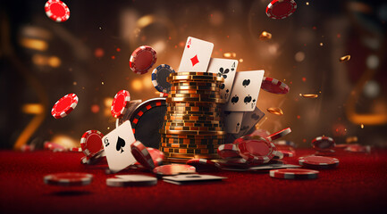 Poker chips, Casino cards game, gambling concept banner, playing cards, casino chips, online money games, entertainment leisure concept, concept casino jackpot, playing cards in on blurry background - obrazy, fototapety, plakaty