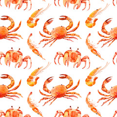 Watercolor seamless pattern with crabs and shrimps. Hand-drawn illustration isolated on the white background