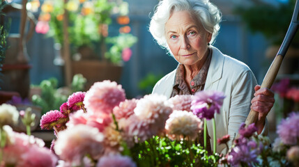 Defiant elderly woman gardening among blooming flowers, showing contentment and simplicity. - obrazy, fototapety, plakaty