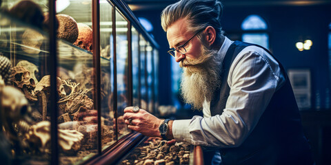 Engrossing spectacle of bearded man with glasses studying rare medical specimen in a museum. - obrazy, fototapety, plakaty