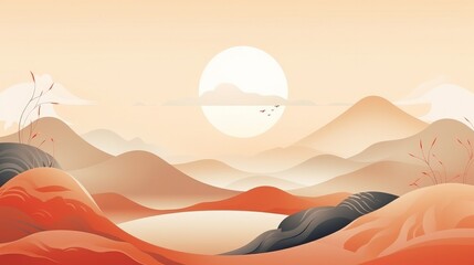 A backdrop in the oriental aesthetic, featuring elements from nature in a banner format. This design incorporates a geometric pattern inspired by Japanese style vector art, presenting a landscape