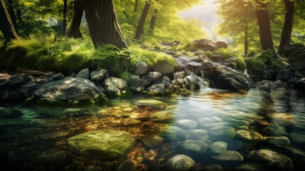 Photo of a peaceful stream flowing through a vibrant green forest