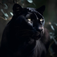 Portrait of a beautiful black panther on a dark background.