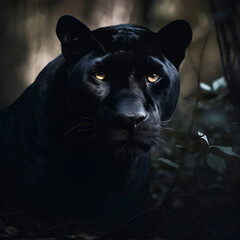 Beautiful black panther in the forest. Panthera leo