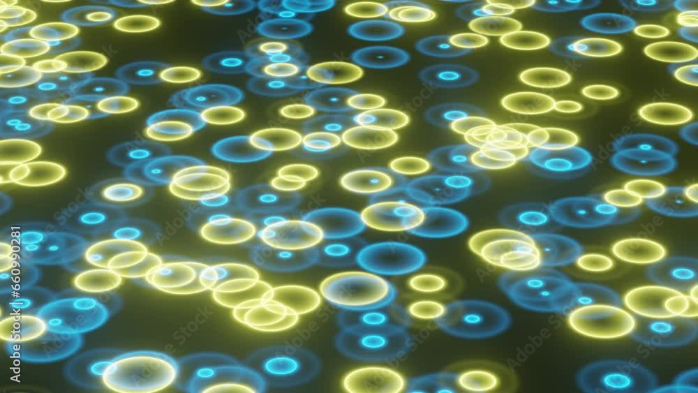 Poster neon glowing dynamic circles on a plane in a dark space. simple animated background. modern multicol