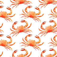 Watercolor seamless pattern with crabs. Hand-drawn illustration isolated on the white background
