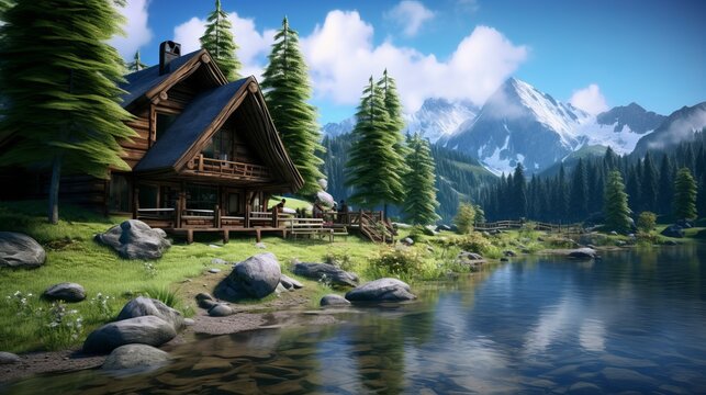 Photo of a serene cabin by a picturesque lake surrounded by majestic mountains