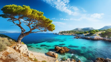 Fototapeta na wymiar Vibrant springtime panorama of Cameo Island. Scenic sunrise over Port Sostis, located on the picturesque Zakynthos island in Europe. A celebration of the beauty of nature