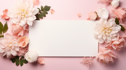 Obraz na płótnie Canvas An artistic arrangement composed of blossoms and foliage paired with a paper note card, presented in a flat lay style. Emphasizing the essence of the natural world