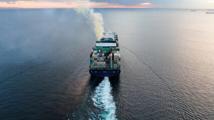 Aerial view of freight ship with cargo containers. - obrazy, fototapety, plakaty