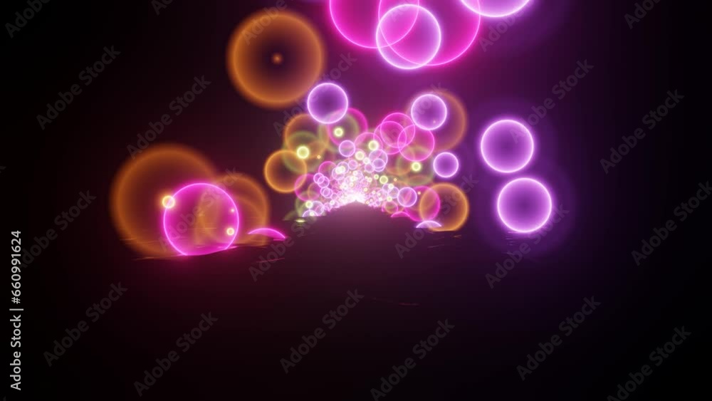 Poster neon glowing dynamic circles on a plane in a dark space. simple animated background. modern multicol