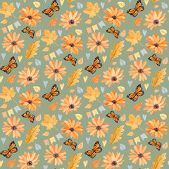 Watercolor autumn seamless pattern with handdrawn orange flowers, fall leaves, flags, butterflies for autumn decoration