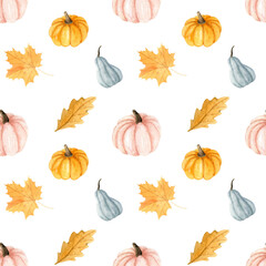 Watercolor autumn seamless pattern with handdrawn orange flowers, fall leaves, pumpkins, butterflies for autumn decoration