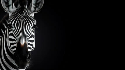 Front view of  on black background. Wild animals zebra banner with copy space