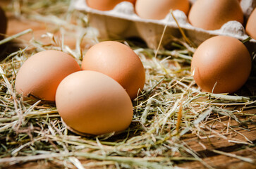 Chicken eggs on wooden table.