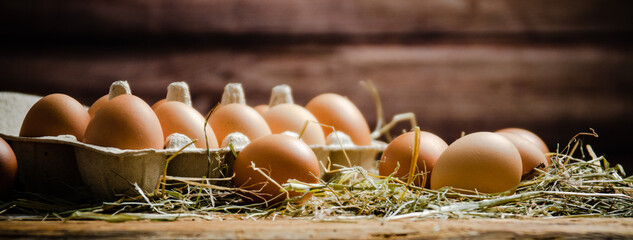 Chicken eggs on wooden table.