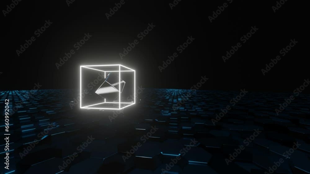 Poster neon glowing abstract 3d model rotates in a dark space with reflections on the floor. realistic 3d c